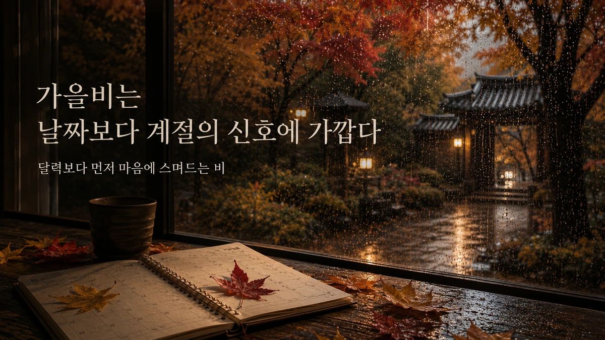 빗방울과 단풍잎으로 가을비의 계절 경계가 특정 날짜로 고정되지 않음을 표현한 이미지