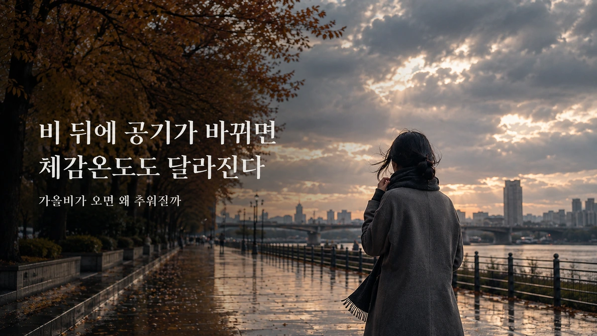 비가 그친 뒤 찬 공기가 들어오며 기온이 떨어지는 가을 날씨 변화를 표현한 이미지