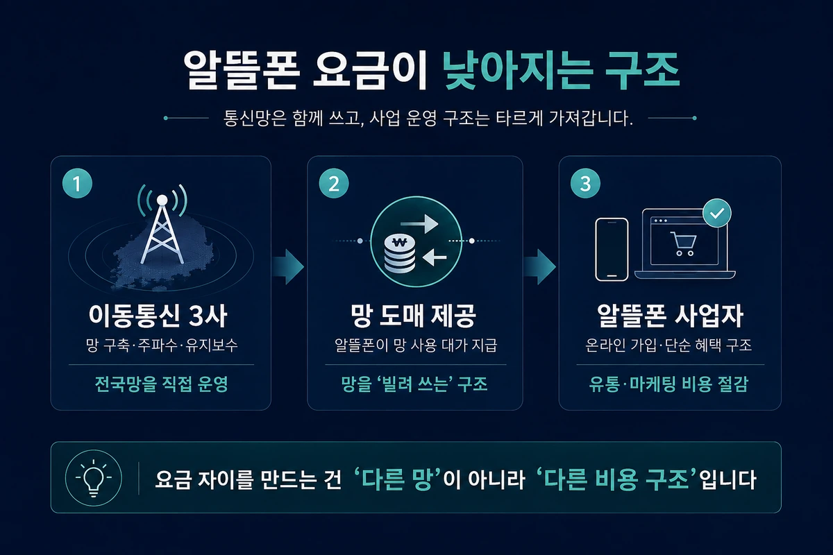 이동통신 3사의 망 구축, 망 도매 제공, 알뜰폰의 운영비 절감 흐름을 설명한 인포그래픽