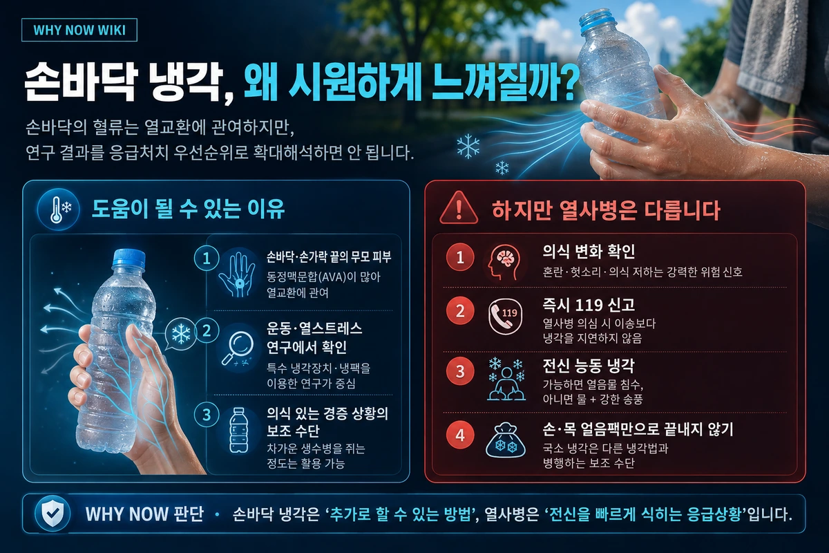 손바닥 냉각이 도움이 될 수 있는 이유와 열사병 응급처치의 차이를 정리한 이미지