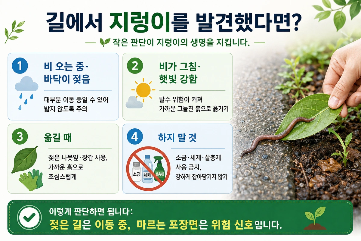 젖은 표면 이동, 빗방울 진동, 물로 포화된 토양 조건이 지렁이 지상 출현에 미치는 영향을 설명한 인포그래픽