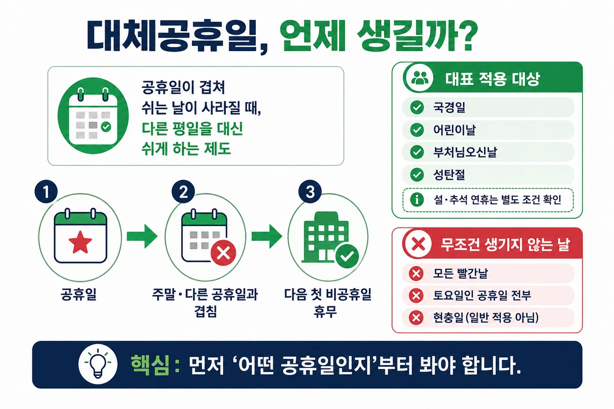 공휴일 종류별로 토요일과 일요일 중복 시 대체공휴일이 적용되는 기준을 비교한 인포그래픽