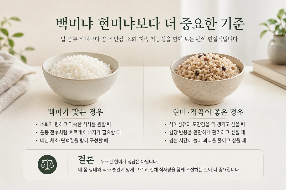 다이어트 중 밥을 채소와 단백질과 함께 구성하는 방법을 설명하는 내부이미지