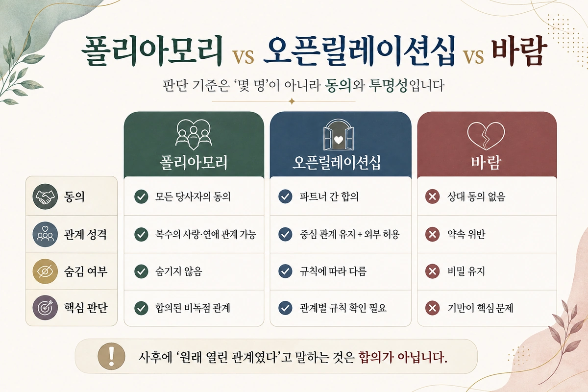 동의 관계 성격 숨김 여부 핵심 판단 기준으로 폴리아모리 오픈릴레이션십 바람을 비교한 매거진형 내부이미지