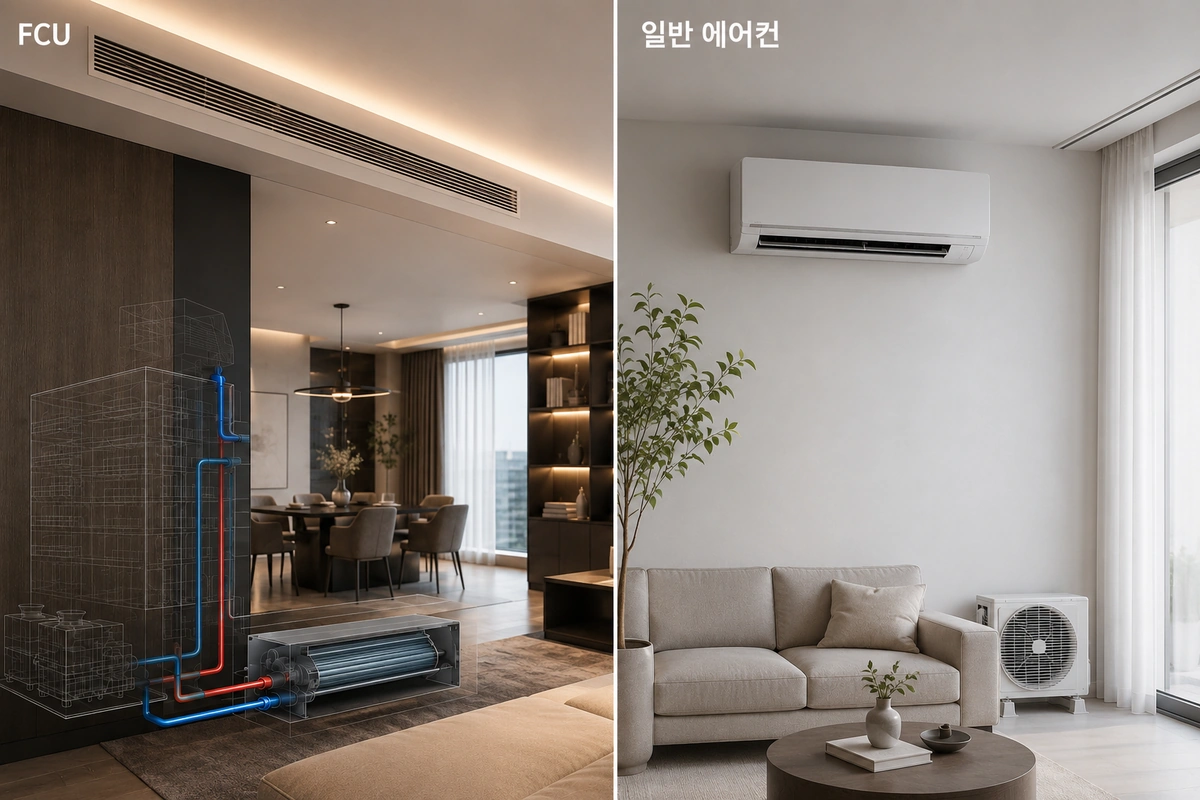 FCU와 일반 에어컨의 구조 차이를 프리미엄 비교 이미지로 보여주는 내부이미지