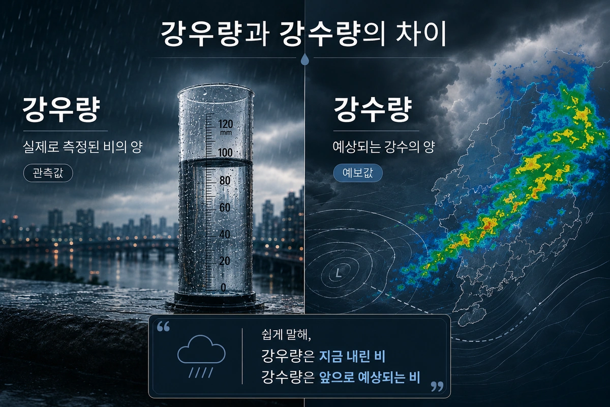 강우량과 강수량의 차이를 실제 측정값과 예보값으로 대비해 설명한 프리미엄 에디토리얼 비교 이미지