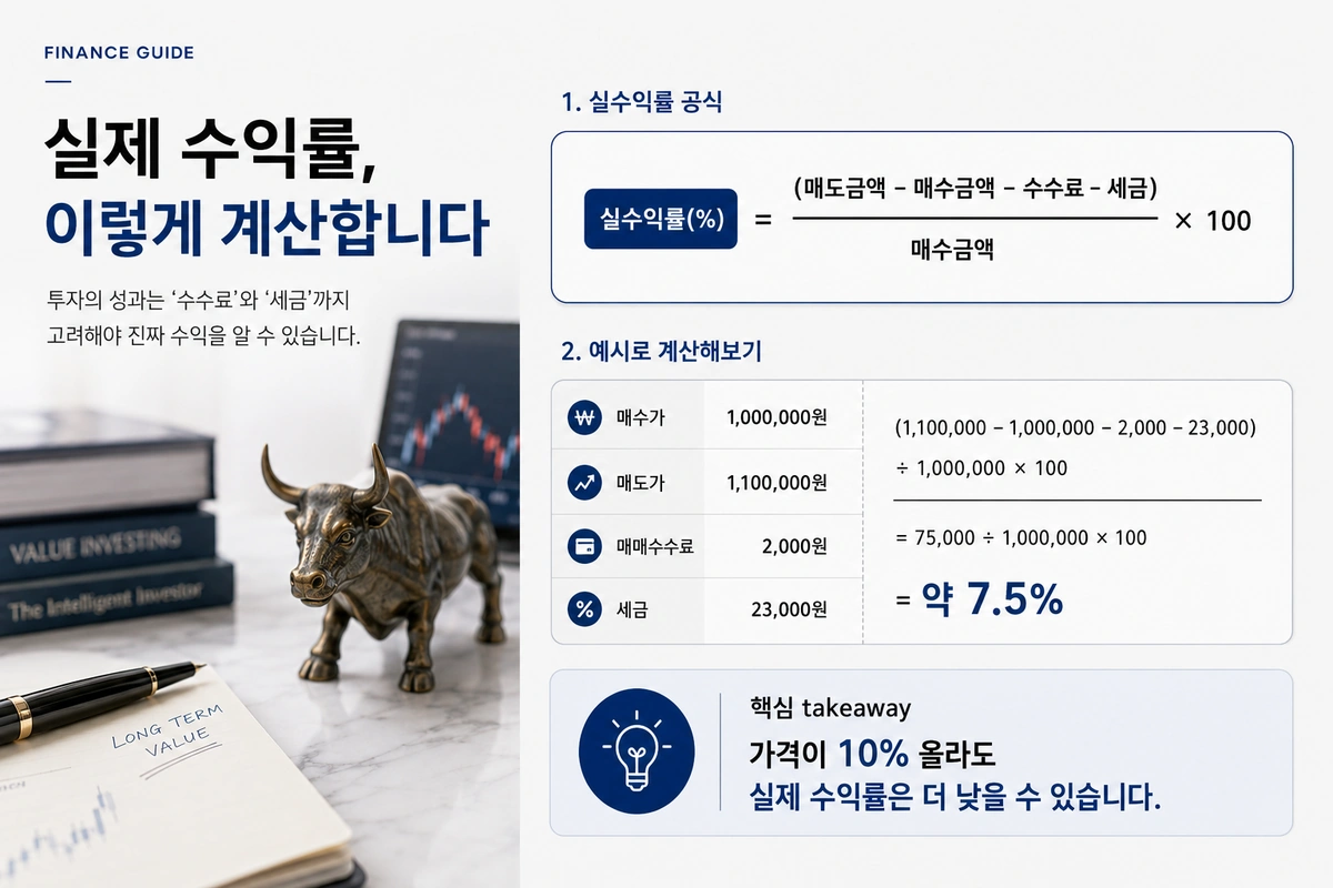실수익률 계산 공식과 계산 예시를 프리미엄 에디토리얼 인포그래픽으로 설명한 내부이미지