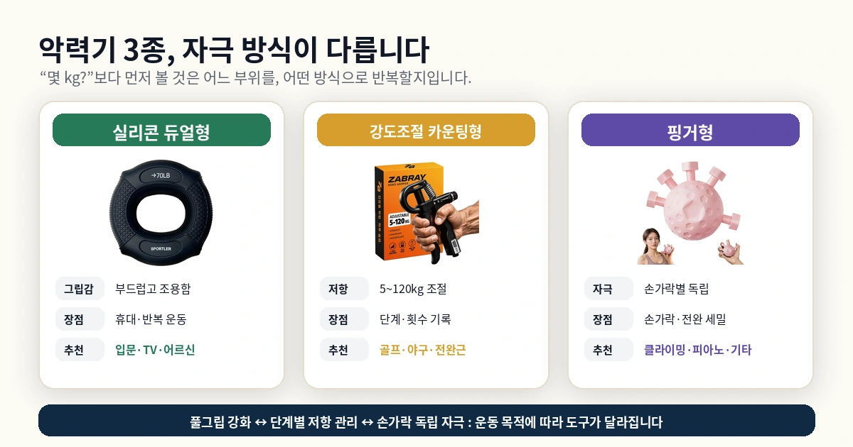 악력기 유형별 장점 단점과 추천 목적을 비교한 이미지