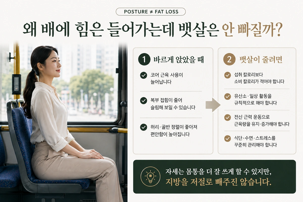 바른 자세와 뱃살 감량의 차이를 실사 인물과 체크리스트로 설명한 내부이미지