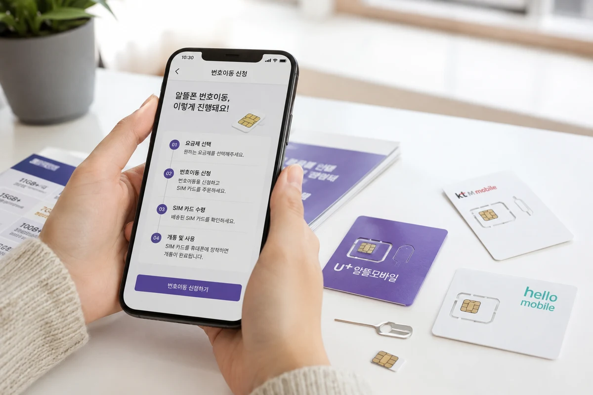 알뜰폰 번호이동 신청과 SIM 카드 준비 과정을 보여주는 밝은 실사 이미지