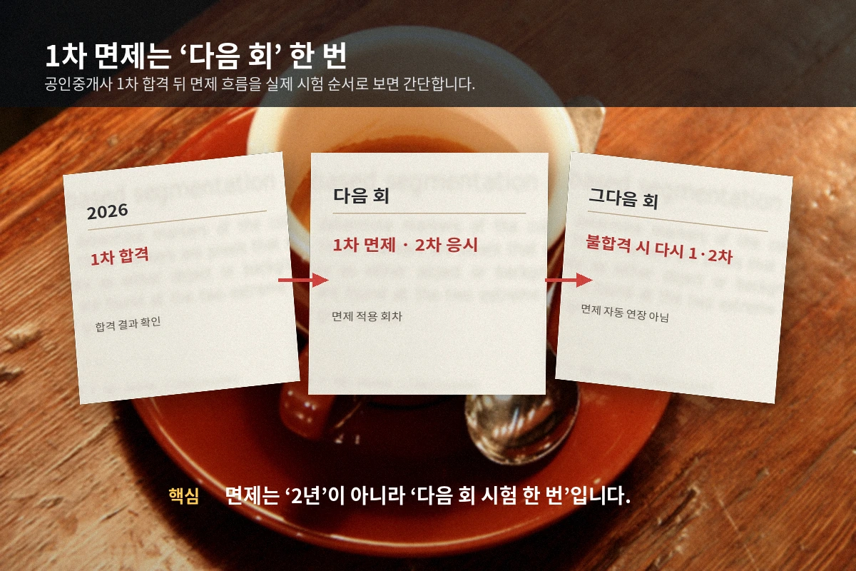 공인중개사 1차 합격 후 다음 회 면제와 그다음 회 재응시를 설명하는 타임라인