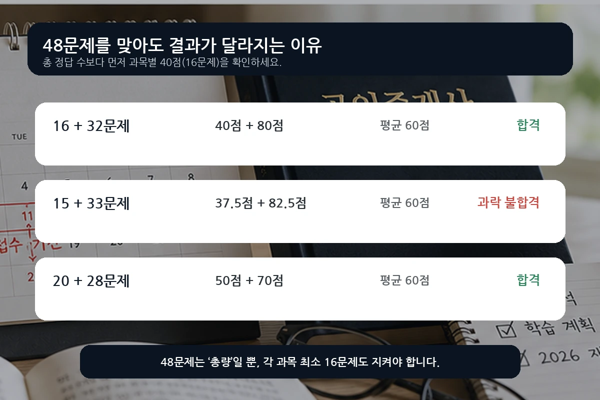 공인중개사 1차 합격점 48문제 정답 배분에 따라 합격과 과락이 달라지는 실사형 비교 이미지