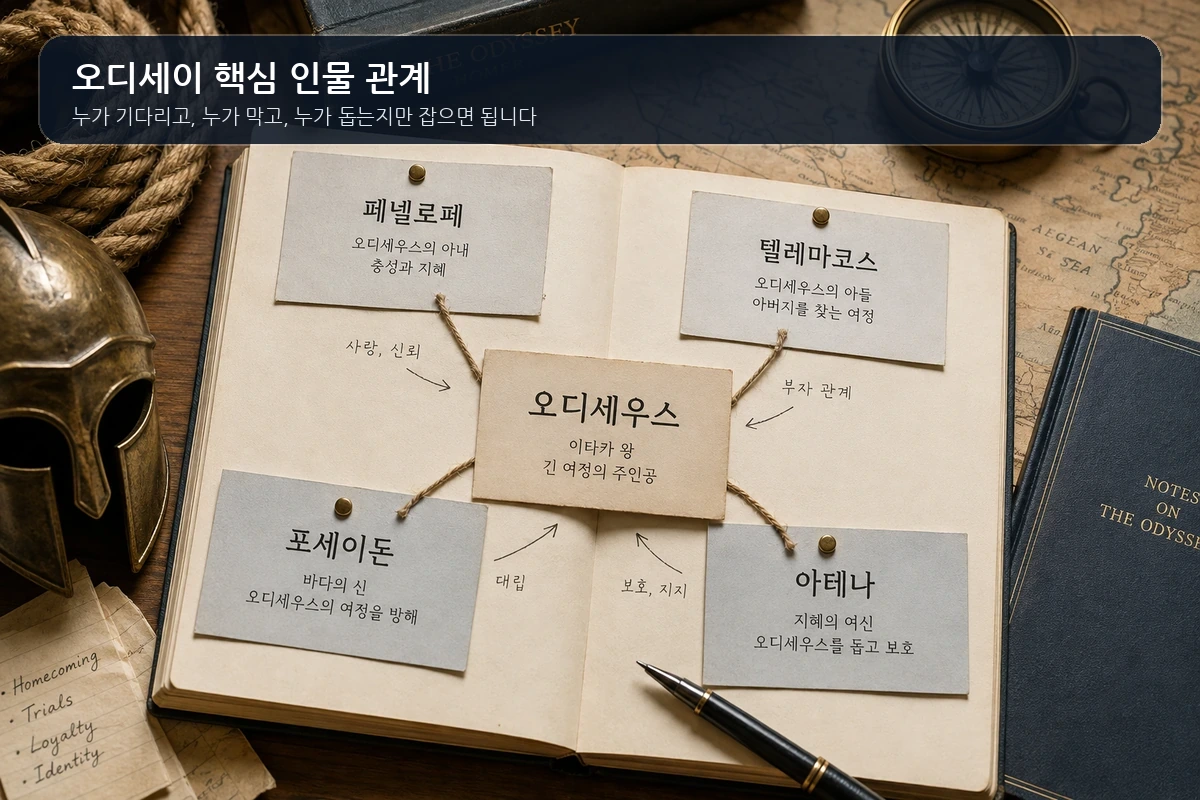 오디세이 원작 핵심 인물 관계와 누가 기다리고 막고 돕는지 설명하는 실사 관계도 이미지