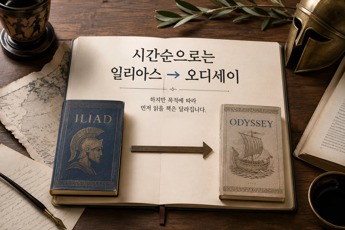 일리아스 오디세이 순서에서 일리아스의 트로이 전쟁과 오디세이의 귀향 관계를 보여주는 타임라인