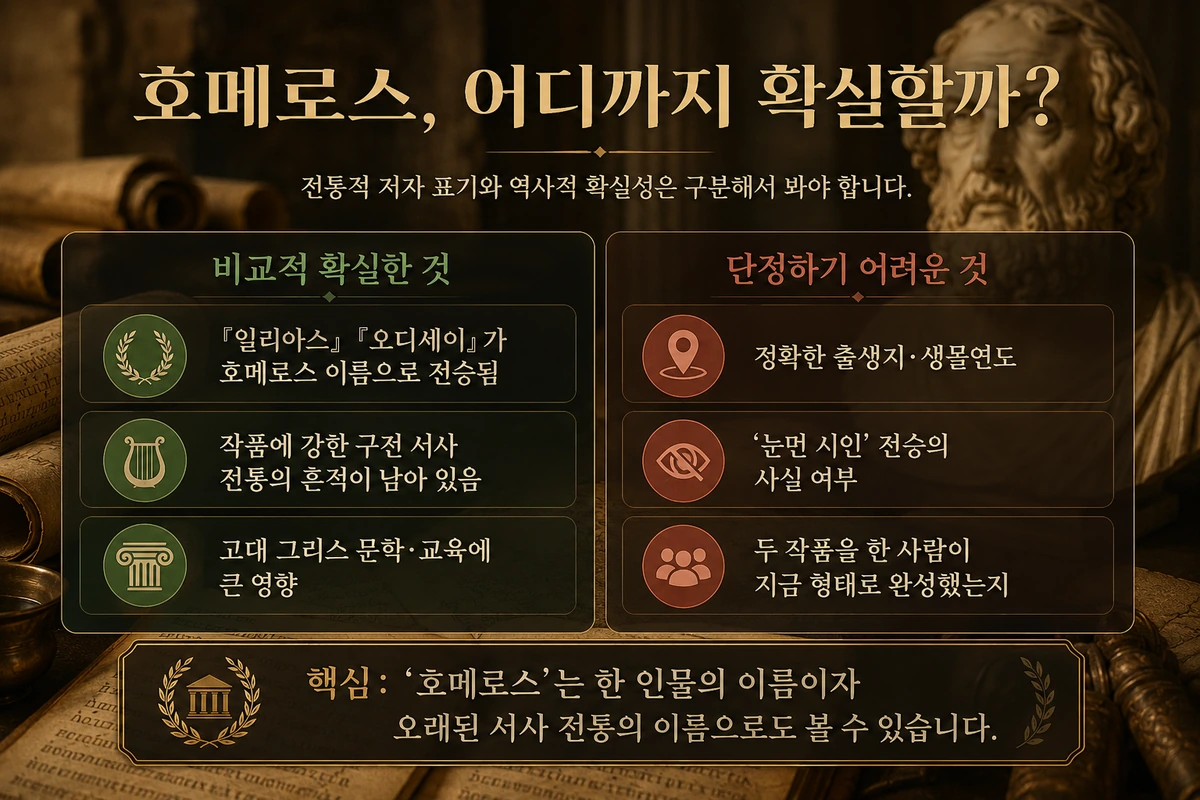 호메로스 실존 논쟁에서 확실한 점과 불확실한 점을 비교한 프리미엄 요약 그래픽