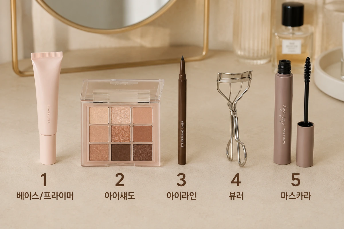 눈화장 순서 5단계를 실사 제품 사진으로 보여주는 프리미엄 내부이미지