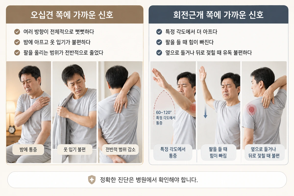 어깨 통증 원인에서 오십견과 회전근개 신호를 비교한 실사형 내부이미지