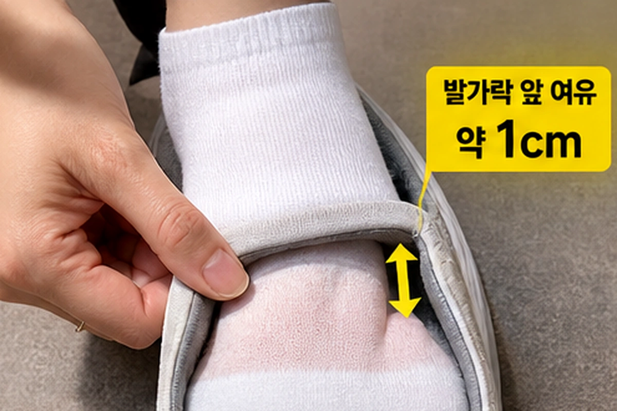 발 편한 신발 고르는 법에서 발가락 앞 약 1cm 여유를 확인하는 실사 착화 이미지