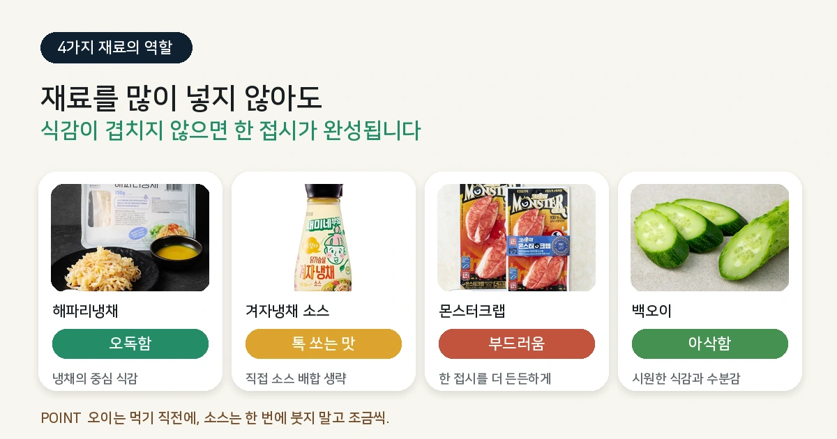 해파리냉채 재료 4가지 역할 오독함 톡쏘는맛 부드러움 아삭함 이미지