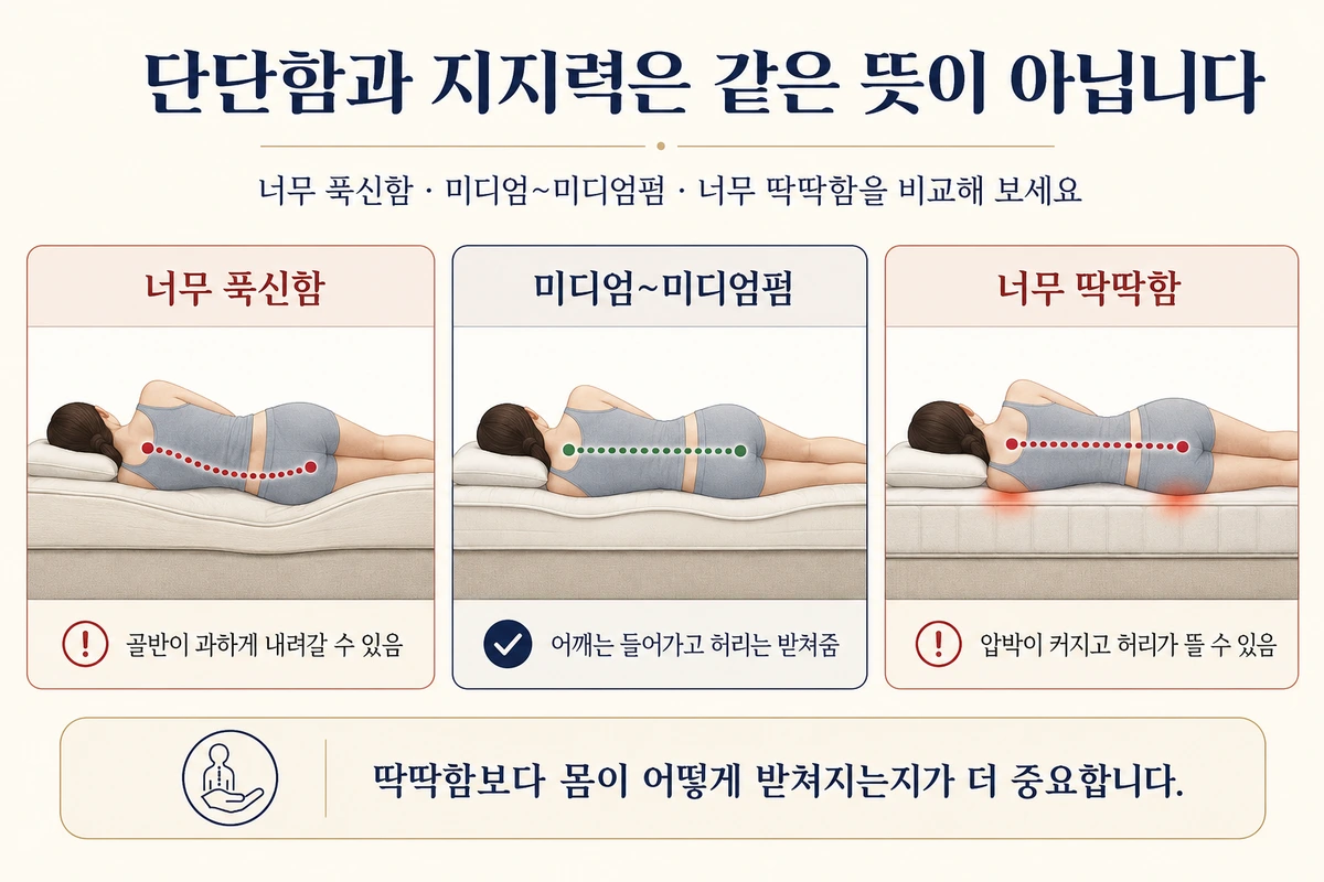 너무 푹신함 미디엄 미디엄펌 너무 딱딱함을 비교한 매트리스 지지력 가이드