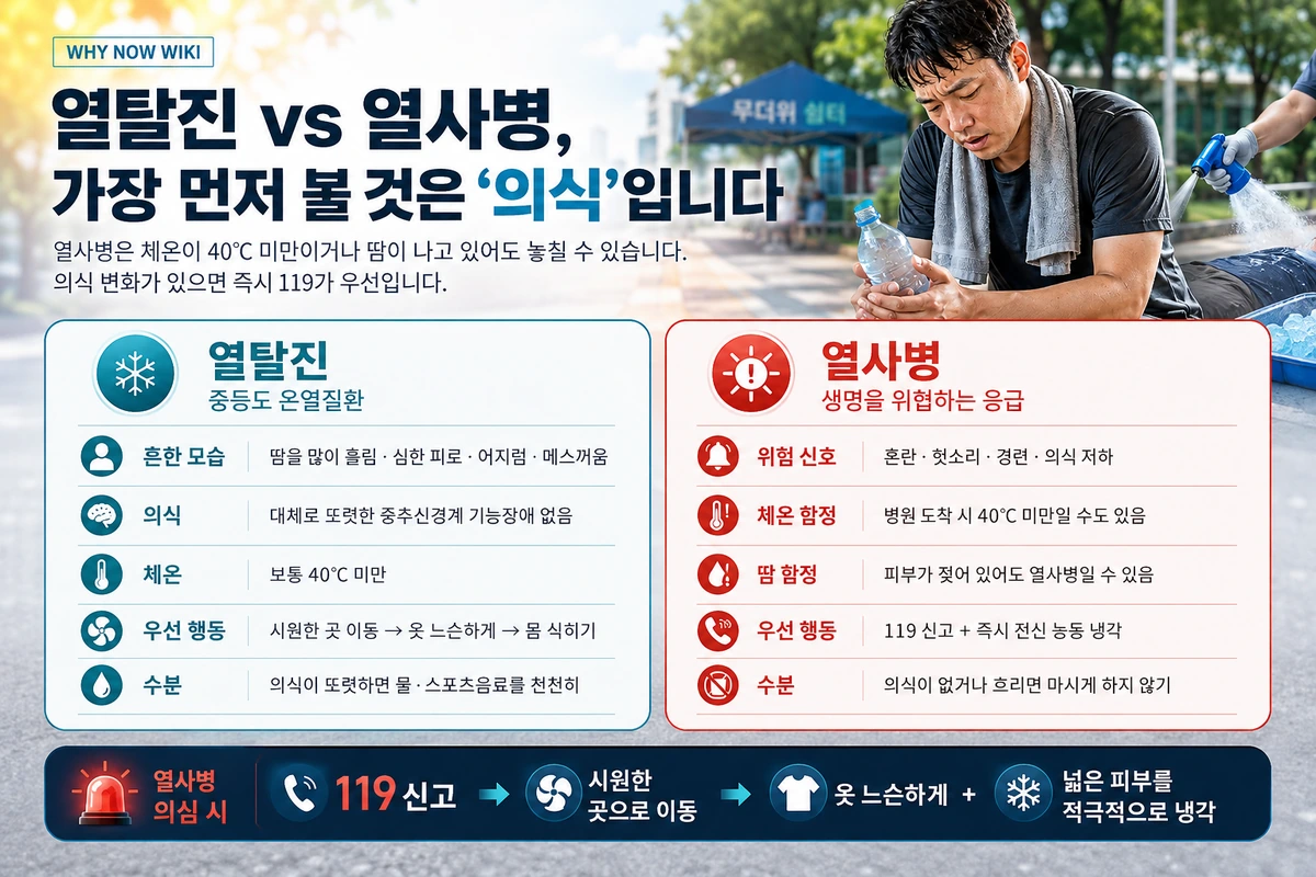 열탈진과 열사병을 의식 변화와 응급 대처 기준으로 비교한 이미지