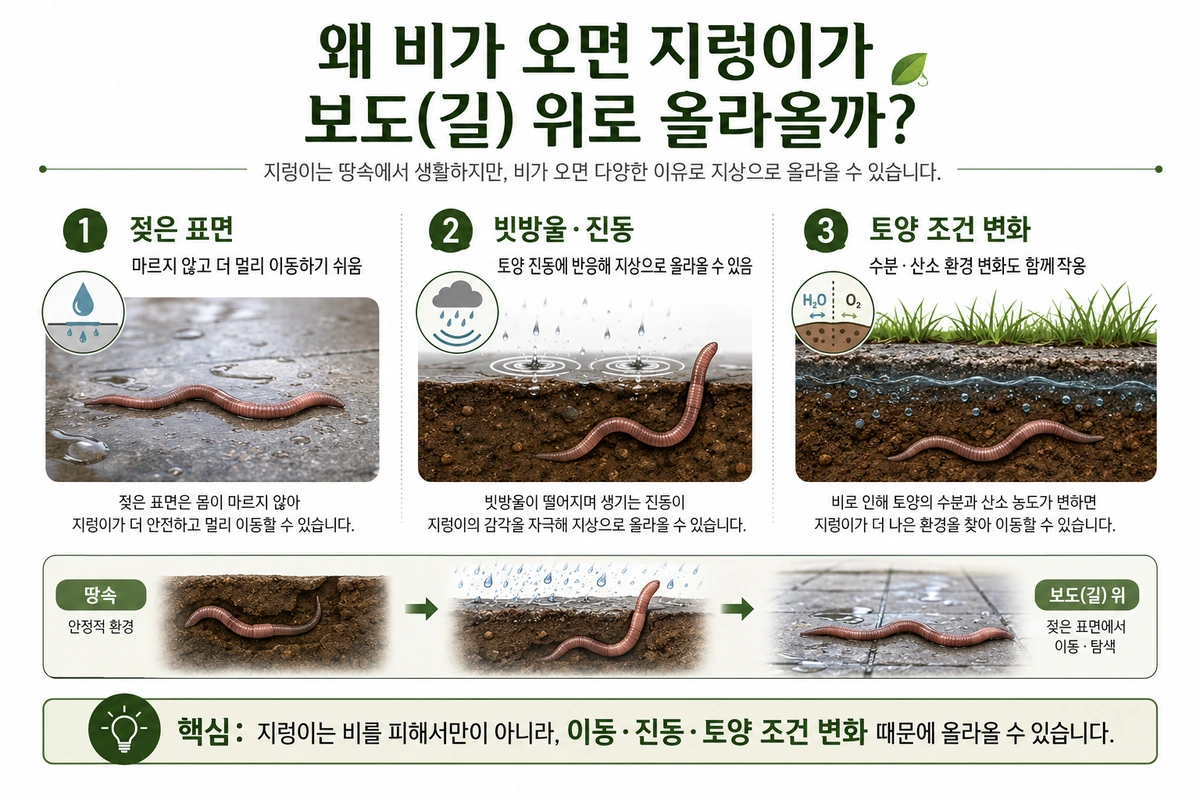 젖은 길과 마른 바닥에서 지렁이를 발견했을 때 가까운 촉촉한 흙으로 옮기는 방법을 설명한 인포그래픽