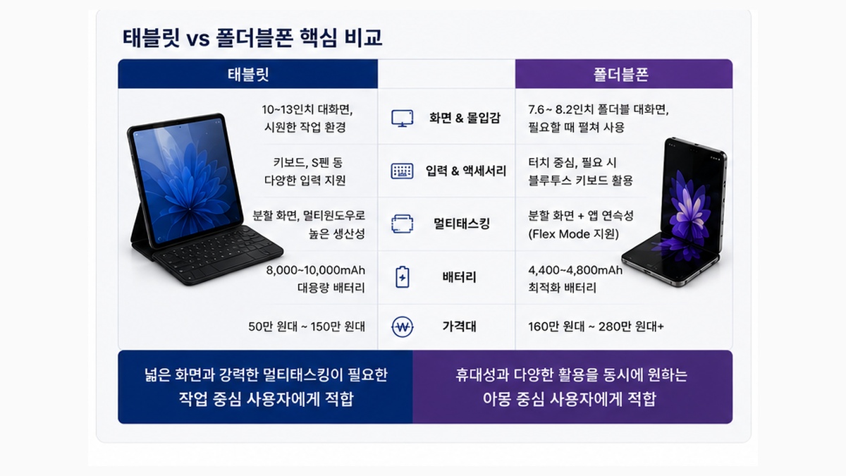 업무용 태블릿과 폴더블폰 화면 입력 멀티태스킹 휴대성 비교