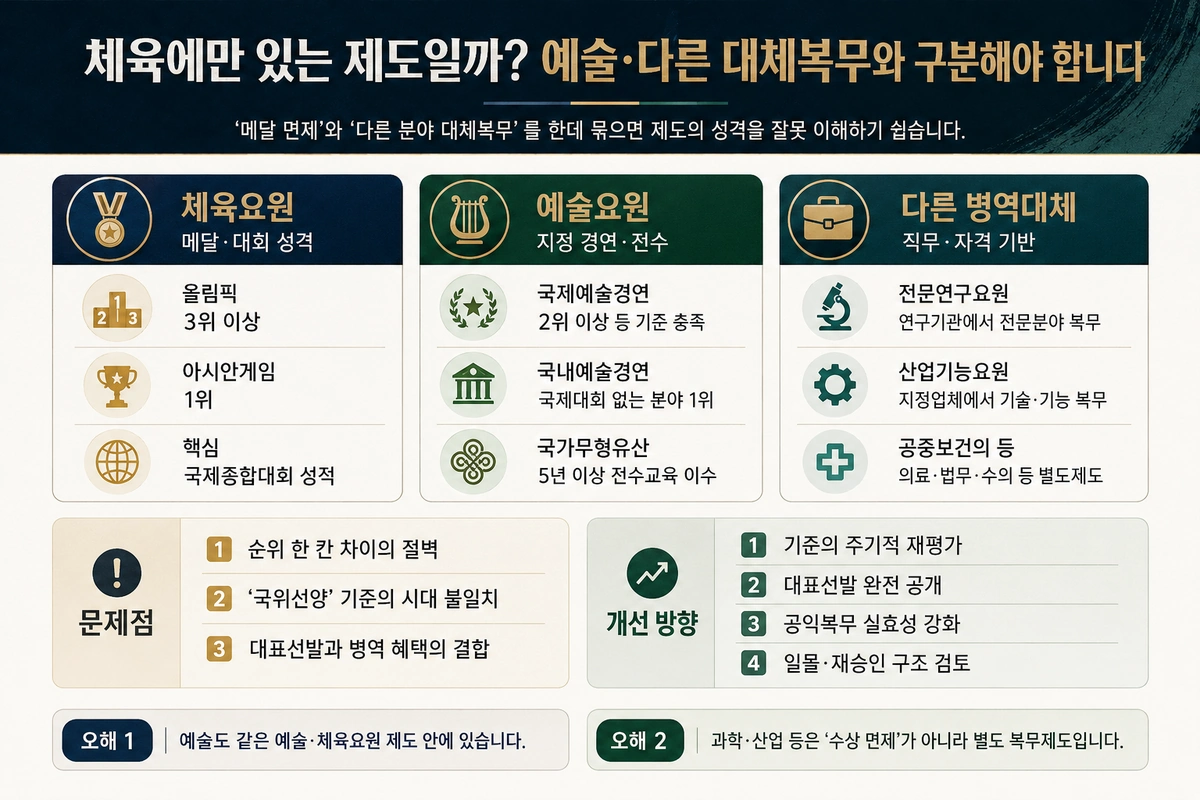 체육요원 예술요원 다른 병역대체 제도를 비교하고 문제점과 개선 방향을 정리한 내부이미지