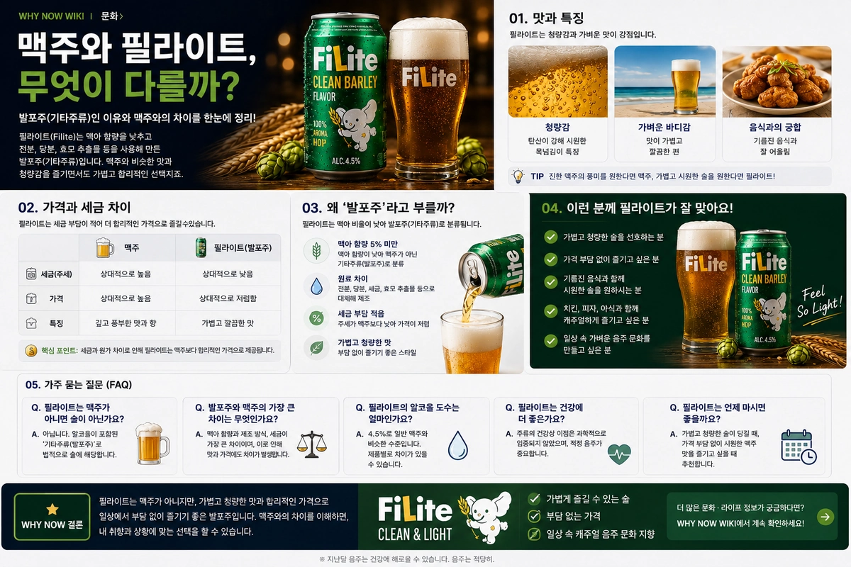 맥주와 필라이트의 맛과 가격, 세금과 발포주 차이를 한눈에 보여주는 내부이미지