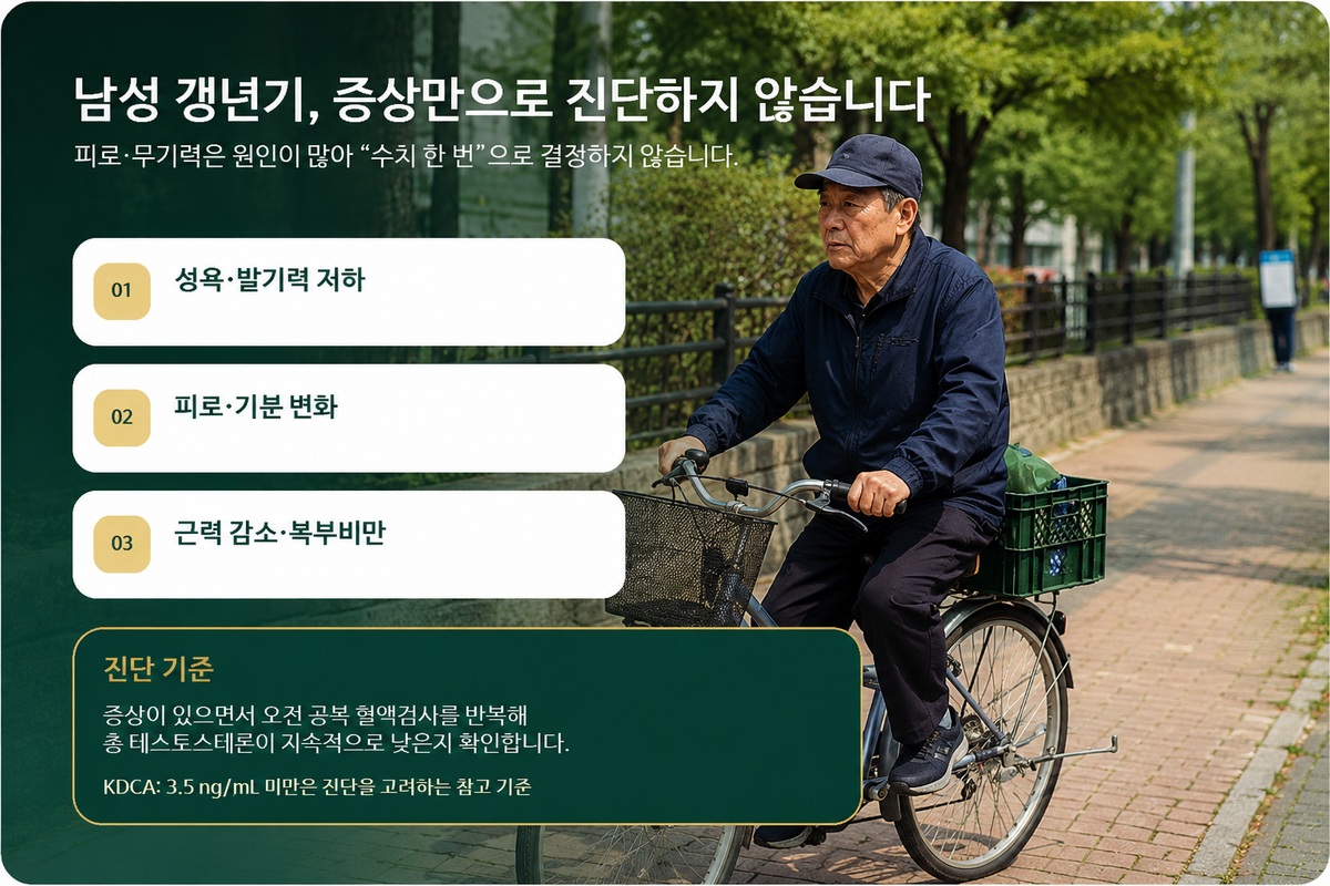 남성 갱년기 증상과 오전 반복 테스토스테론 혈액검사 진단 기준