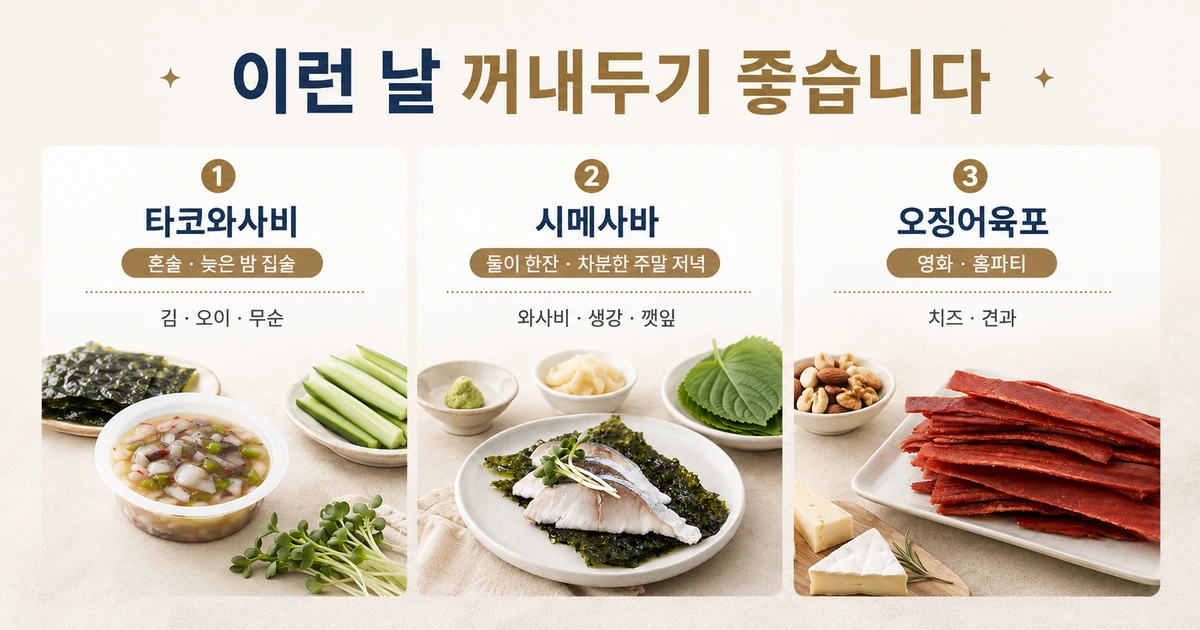혼술에는 타코와사비, 둘이 한잔에는 시메사바, 영화와 홈파티에는 오징어육포를 추천하는 상황별 집술 이미지