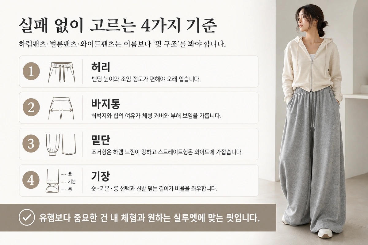 하렘팬츠와 벌룬팬츠 와이드팬츠를 실패 없이 고르기 위한 허리 바지통 밑단 기장 4가지 기준 내부이미지