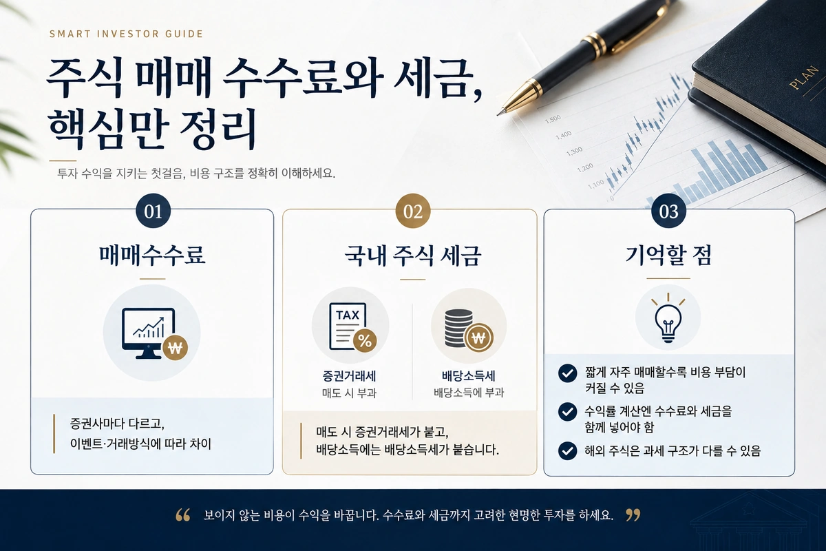주식 매매 수수료와 국내 주식 세금의 핵심 구조를 고급 매거진형 인포그래픽으로 정리한 내부이미지