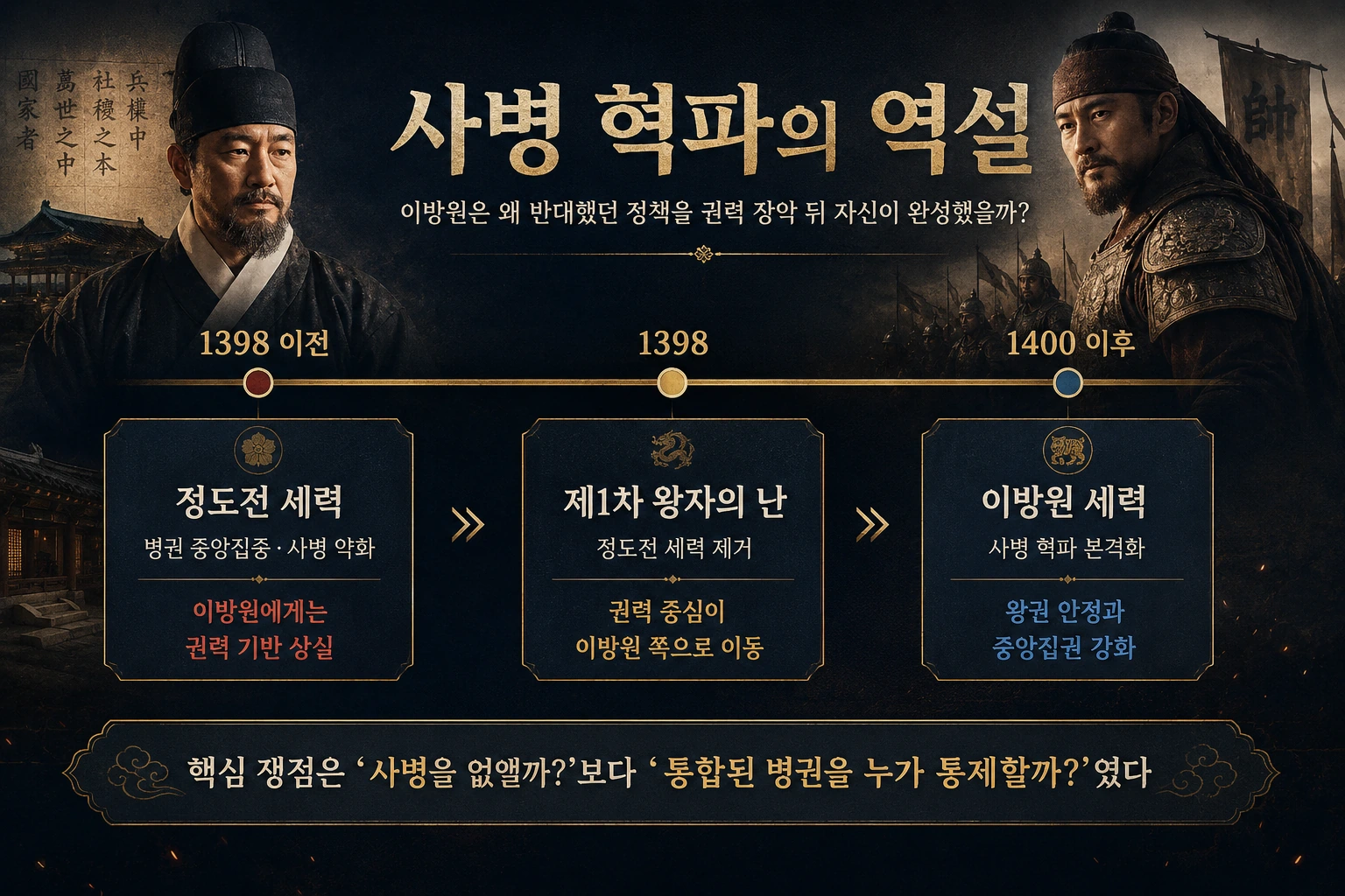 정도전 제거 전후와 이방원의 사병 혁파를 비교한 흐름도