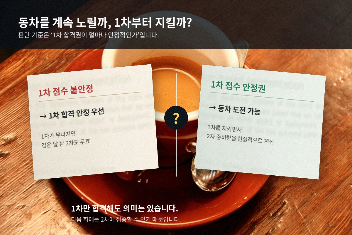 공인중개사 1차 합격 가능성에 따라 동차 또는 1차 집중을 판단하는 흐름도