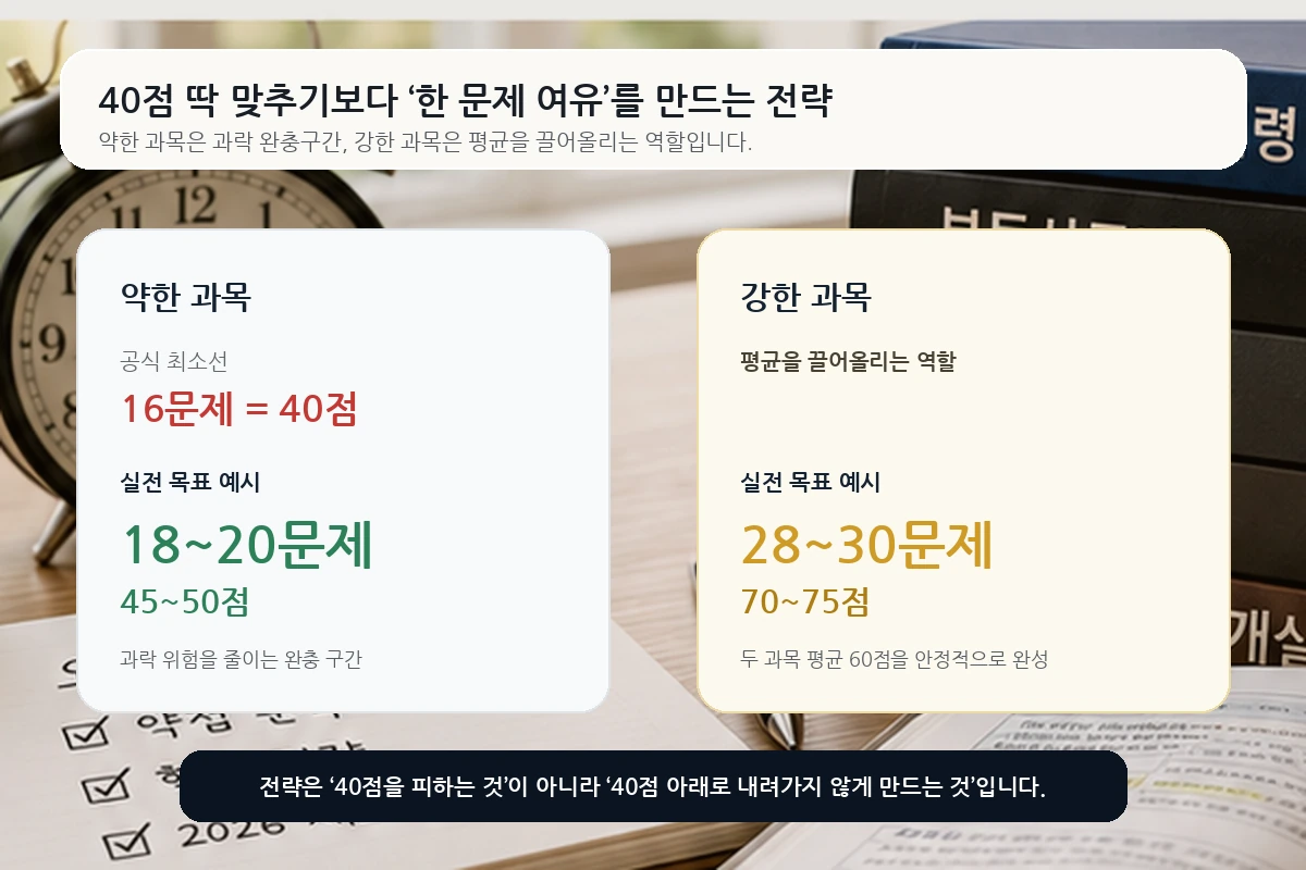 공인중개사 1차 합격점 기준으로 약한 과목과 강한 과목의 실전 목표를 보여주는 실사형 학습 이미지