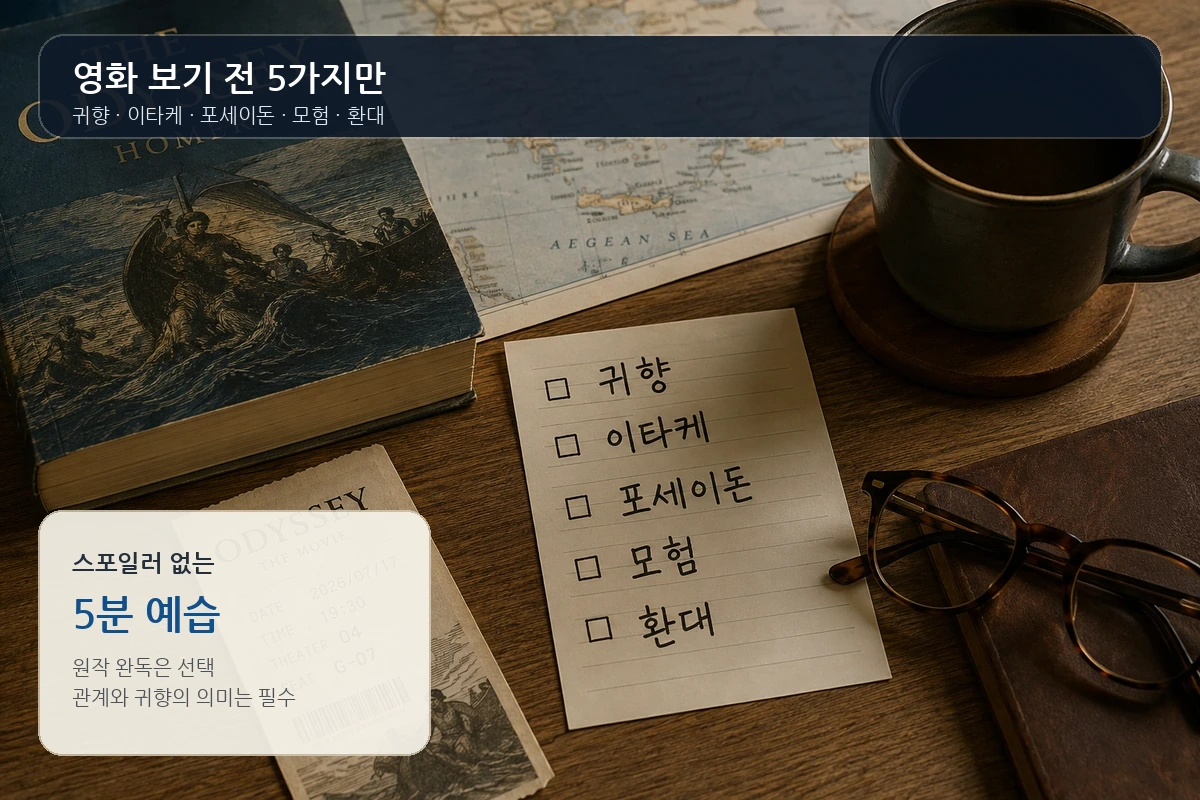 오디세이 원작 보기 전 귀향 이타케 포세이돈 모험 환대 다섯 가지를 보여주는 실사 이미지