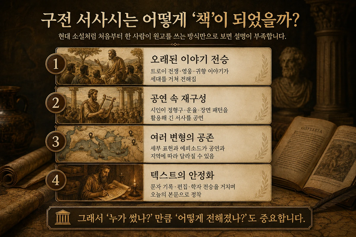 호메로스 실존 논쟁과 구전 서사시가 책이 되는 과정을 보여주는 프리미엄 요약 그래픽
