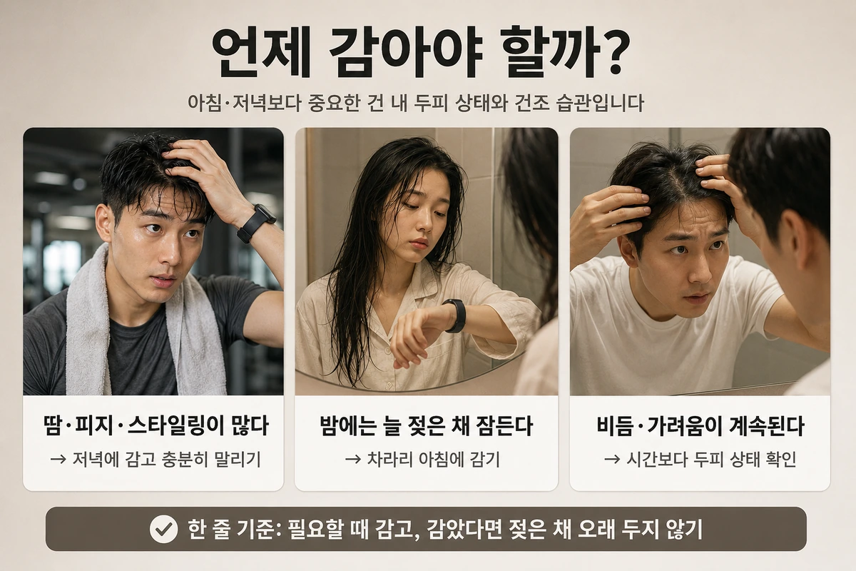 머리 감는 시간 선택 기준을 생활 상황별로 보여주는 실사형 가이드 이미지