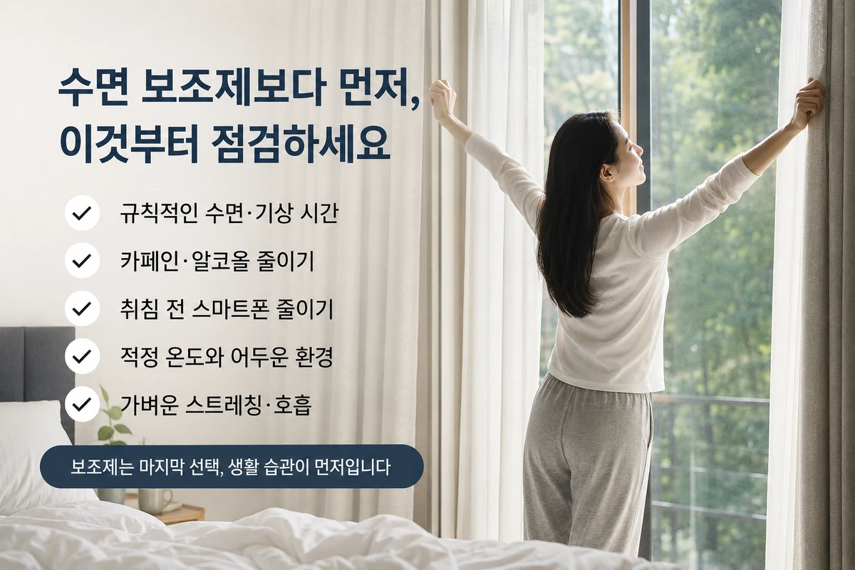 새벽에 자꾸 깨는 이유를 줄이기 위한 생활 습관 점검을 보여주는 실사형 내부이미지