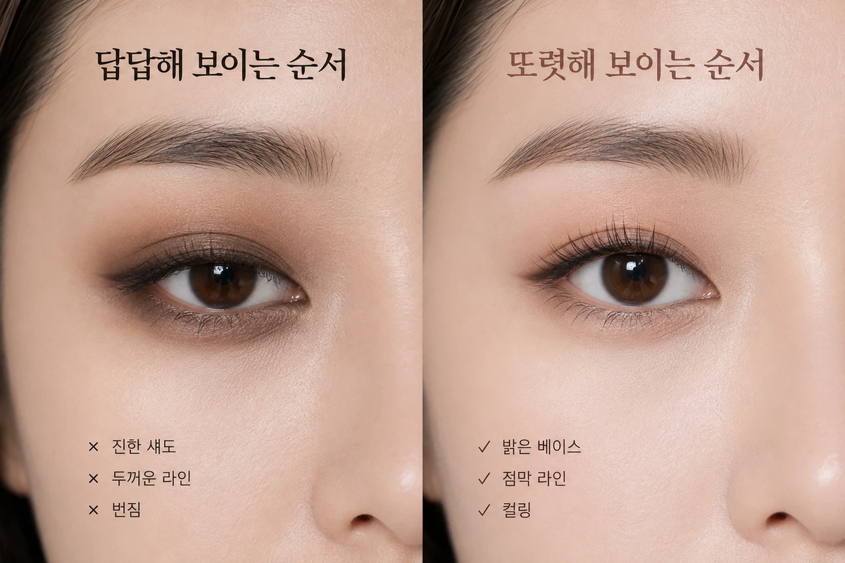 눈화장 순서에 따라 답답한 눈매와 또렷한 눈매를 비교한 실사형 내부이미지
