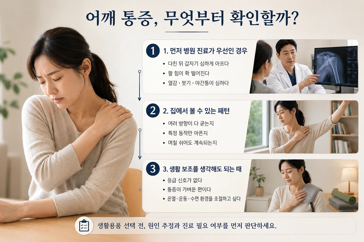 어깨 통증 원인 확인 순서와 진료 우선 여부를 보여주는 실사형 내부이미지