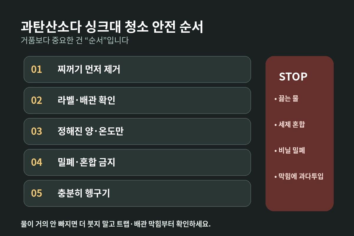 과탄산소다 싱크대 청소 안전 순서와 끓는 물 세제 혼합 밀폐 금지 기준