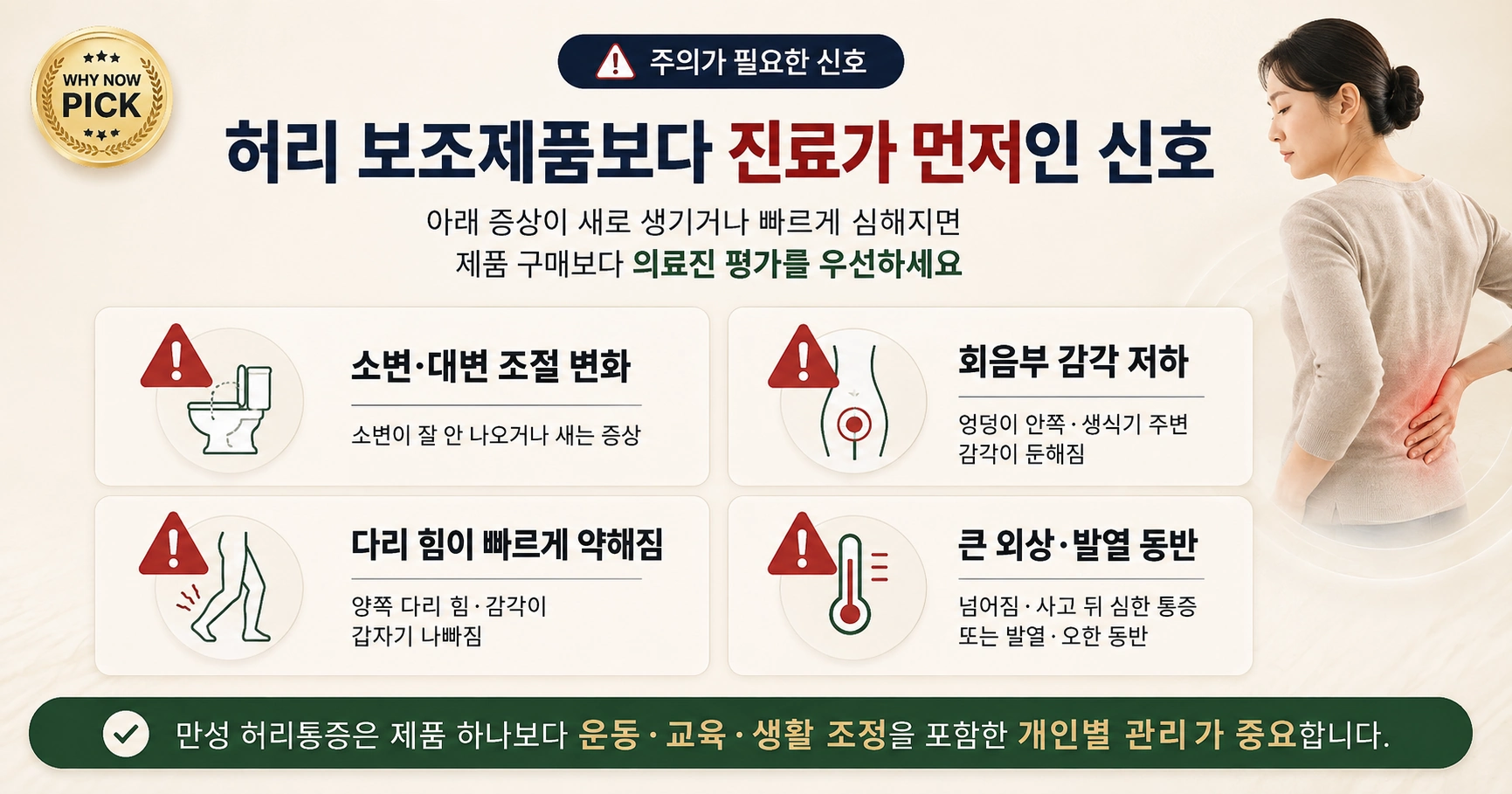 배뇨 배변 변화 회음부 감각 저하 다리 힘 저하 외상 발열 허리통증 경고 신호