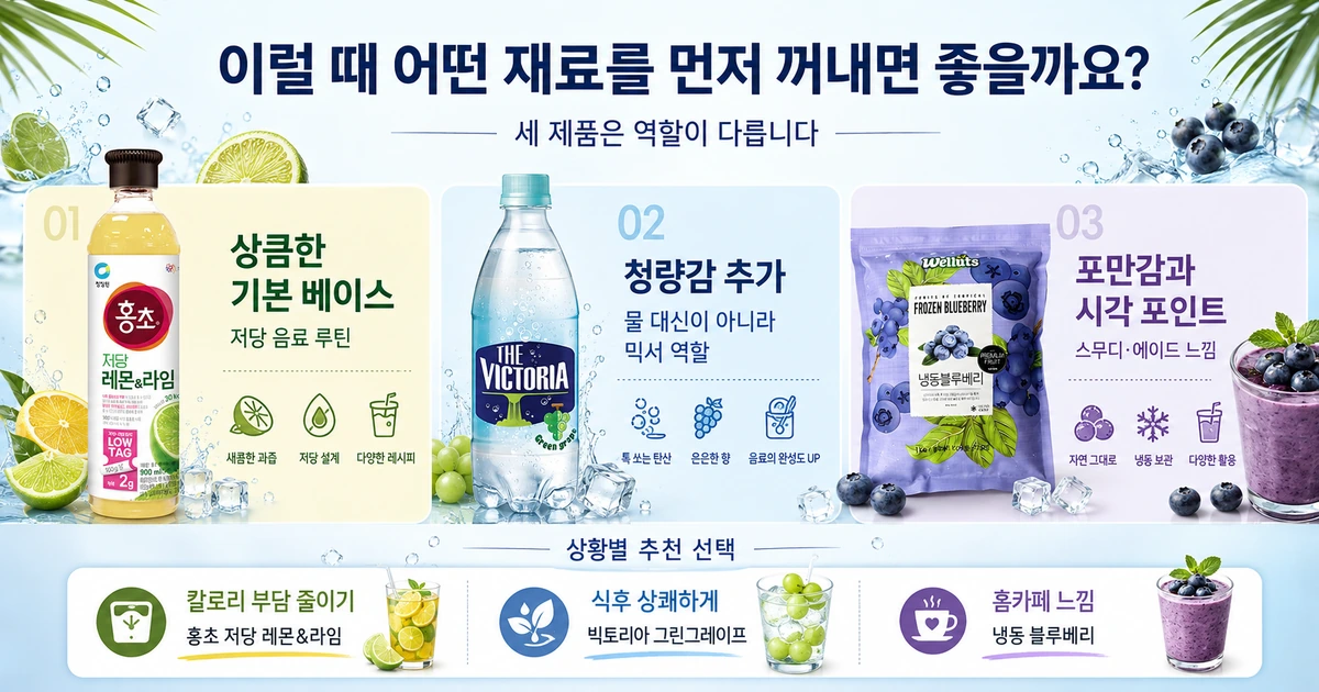 홍초 탄산 블루베리 역할을 비교한 가이드 이미지