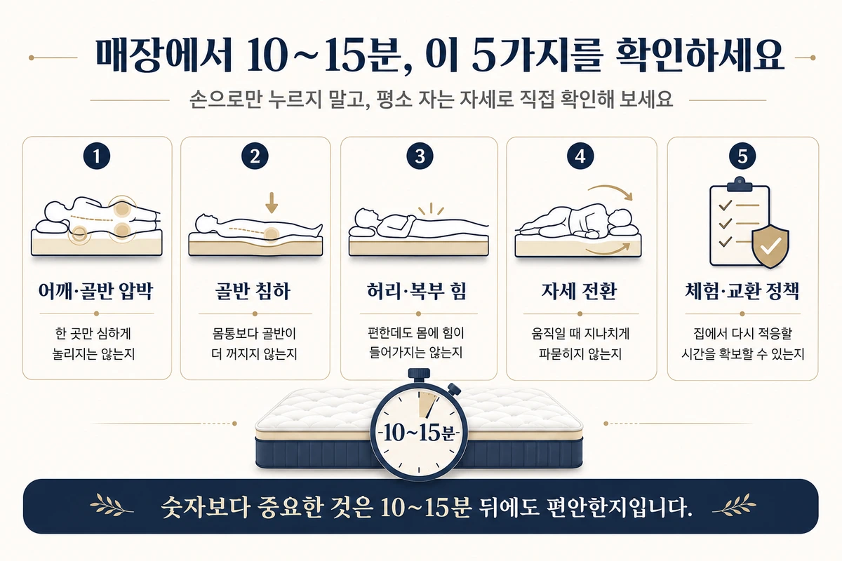 매장에서 10에서 15분 동안 확인할 어깨 골반 압박 골반 침하 허리 복부 힘 자세 전환 체험 교환 정책 체크포인트