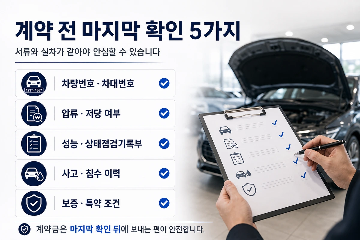 차량번호 차대번호 압류 저당 여부 성능 상태점검기록부 사고 침수 이력 보증 특약 조건을 확인하는 계약 전 마지막 확인 5가지 이미지