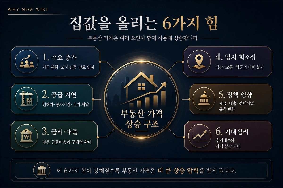 수요 증가 공급 지연 금리 대출 입지 희소성 정책 영향 기대심리를 매거진 스타일로 정리한 내부이미지