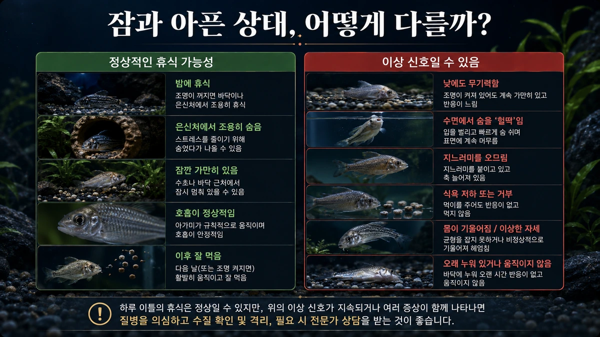 어항 물고기의 정상 휴식과 무기력 호흡 변화 식욕 저하 이상 신호 비교 이미지