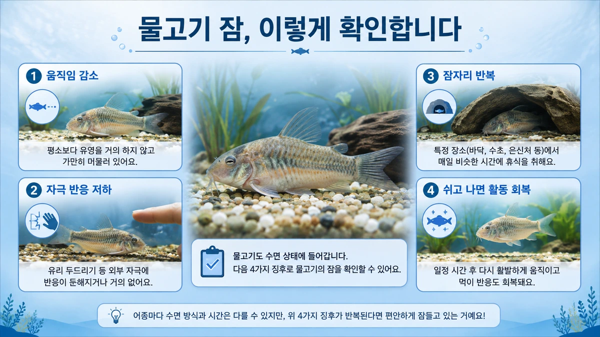 물고기 잠을 판단하는 움직임 감소 자극 반응 가역성 수면 보상 기준 이미지